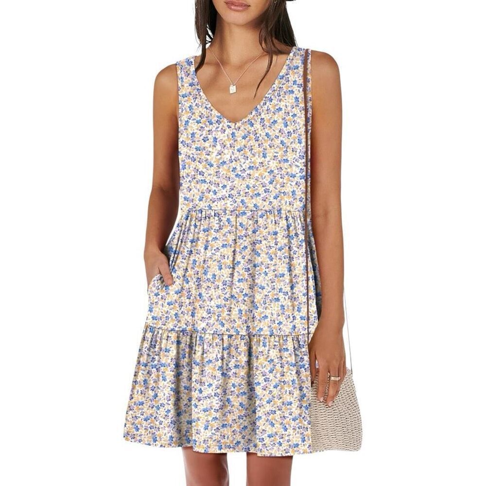 ANRABESS Summer Casual Tank Dress Sz Medium  Ivory floral Pullover Tiered Ruffle